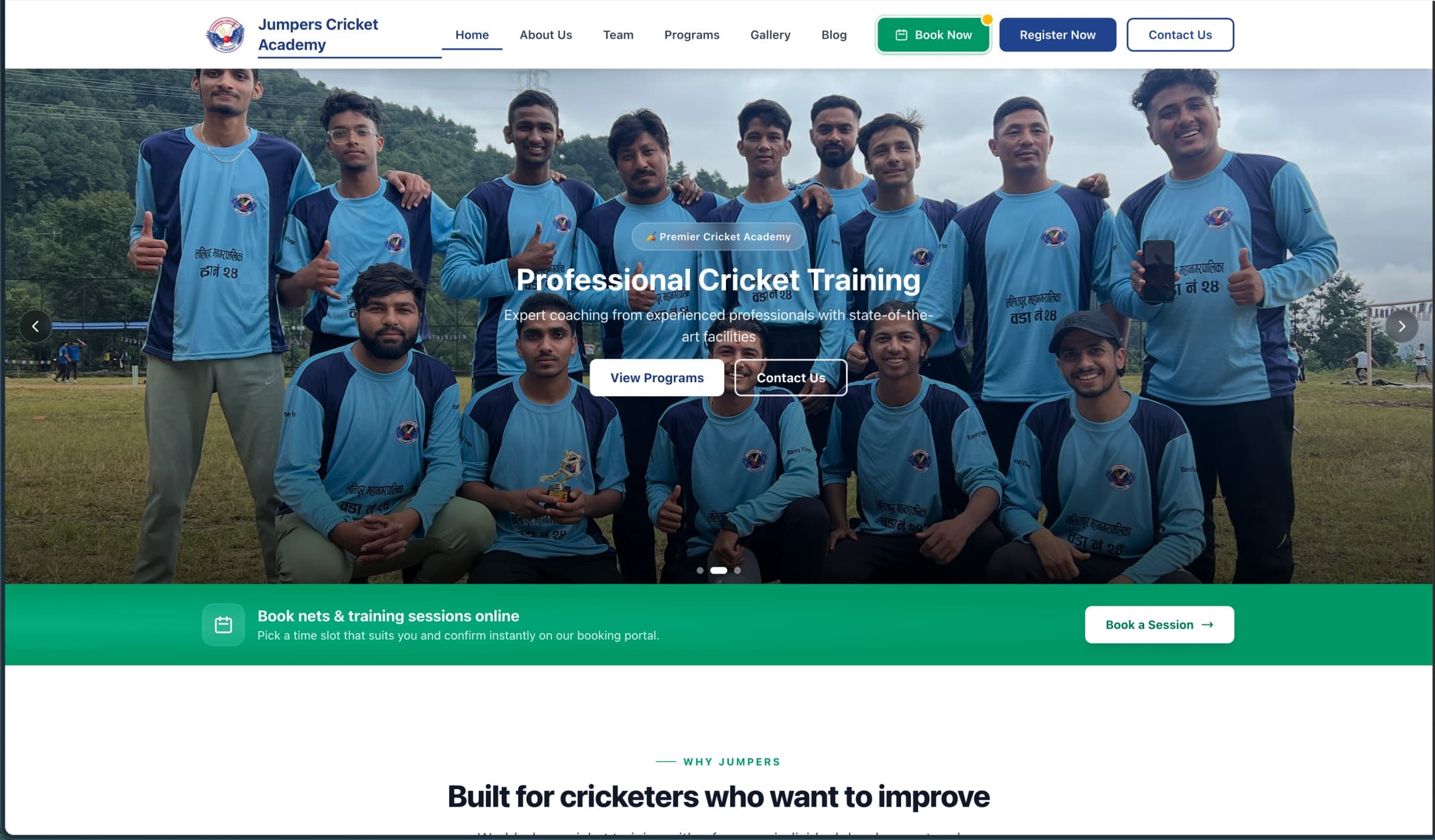 Screenshot of the Jumpers Cricket Academy website