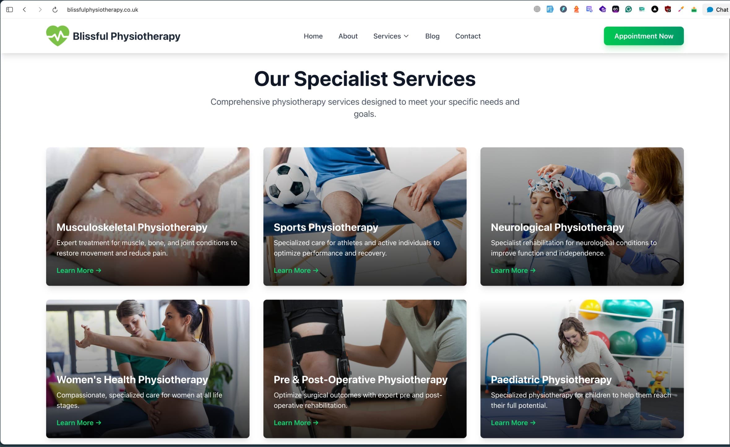 Screenshot of the Blissful Physiotherapy website
